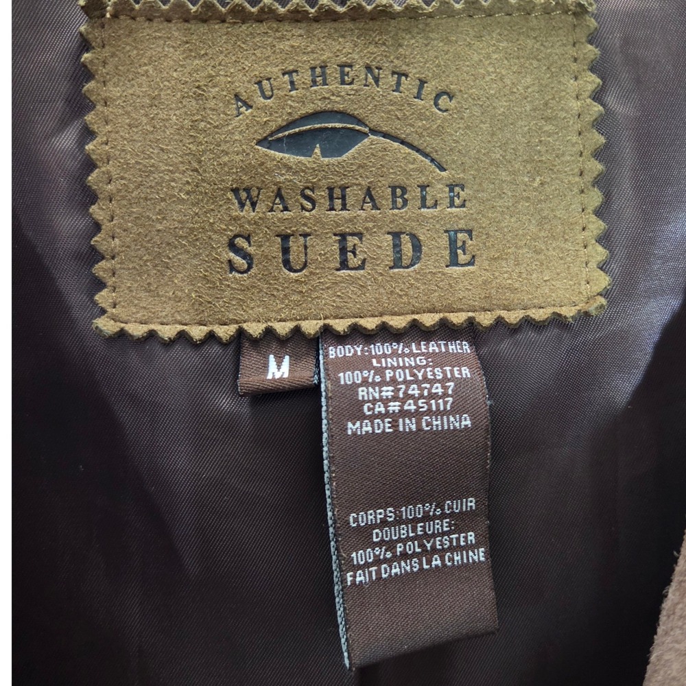 Authentic Washable Suede Jacket Womens M Brown Good Hooded Zip Leather Stitching - Picture 3 of 11
